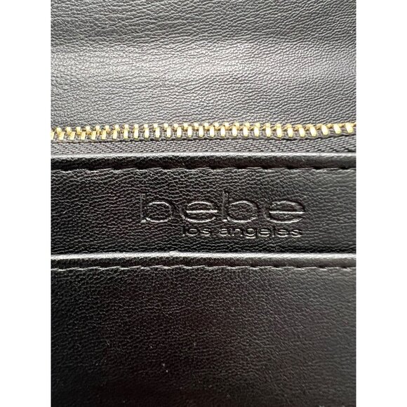 Bebe Quilted Black Leather Crossbody Purse With Gold Chain Strap & Rhinestone Lo - Picture 10 of 15